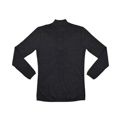 Charcoal quarter-zip baselayer by Smartwool with navy blue mesh panels at the elbows, back view.