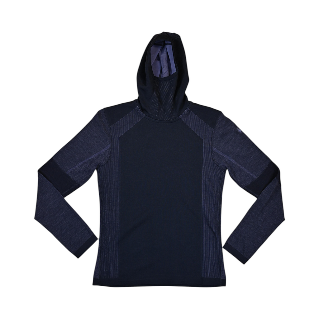 Navy hooded baselayer by Smartwool with heathered blue sleeves, front view with hood up.