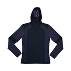 Navy hooded baselayer by Smartwool with heathered blue sleeves, front view with hood up.