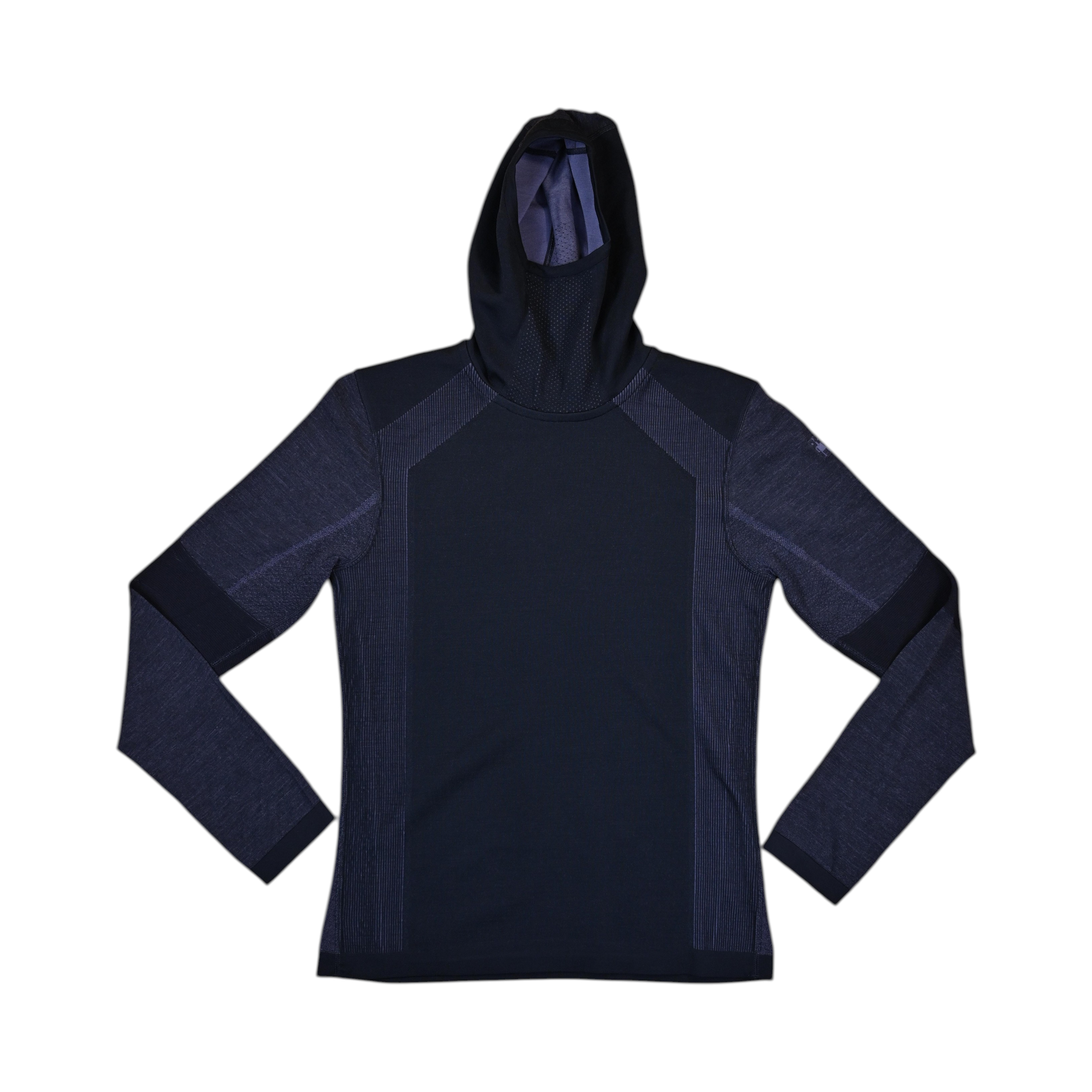 Navy hooded baselayer by Smartwool with heathered blue sleeves, front view with hood up.