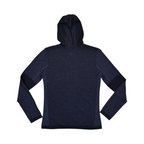 Navy hooded baselayer by Smartwool with heathered blue sleeves, back view.