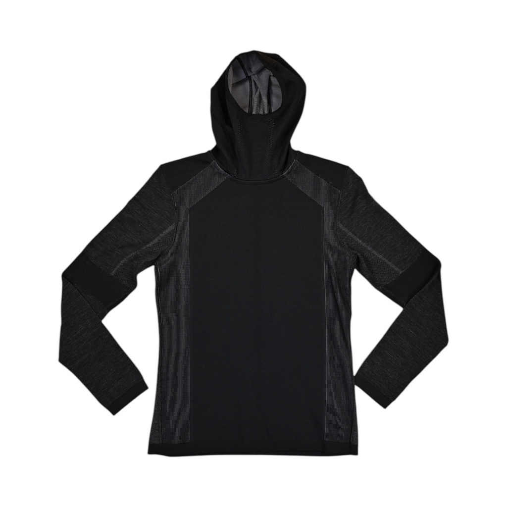 Black hooded baselayer by Smartwool with charcoal heathered sleeve panels, front view with hood up.