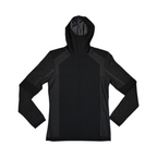 Black hooded baselayer by Smartwool with charcoal heathered sleeve panels, front view with hood up.