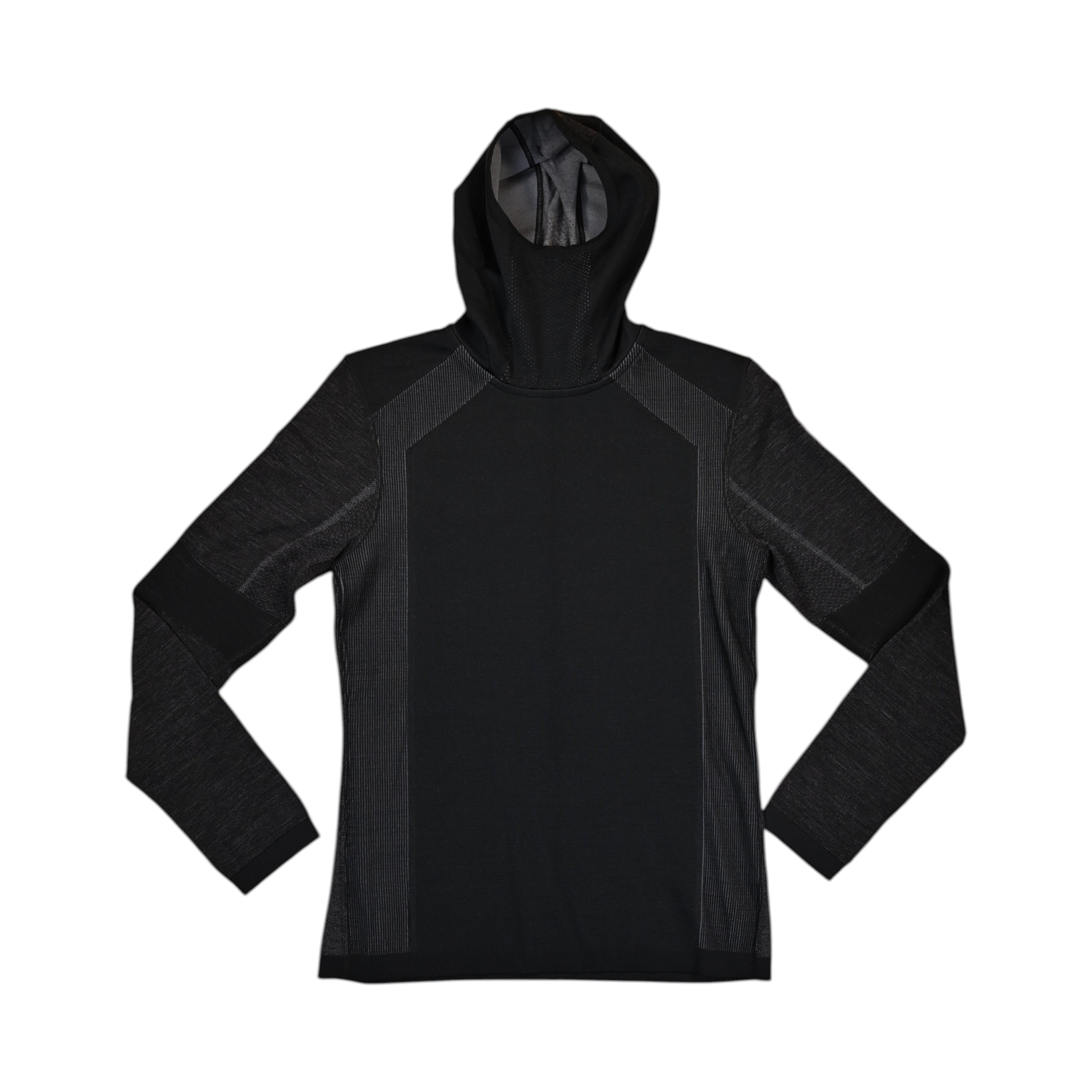 Black hooded baselayer by Smartwool with charcoal heathered sleeve panels, front view with hood up.