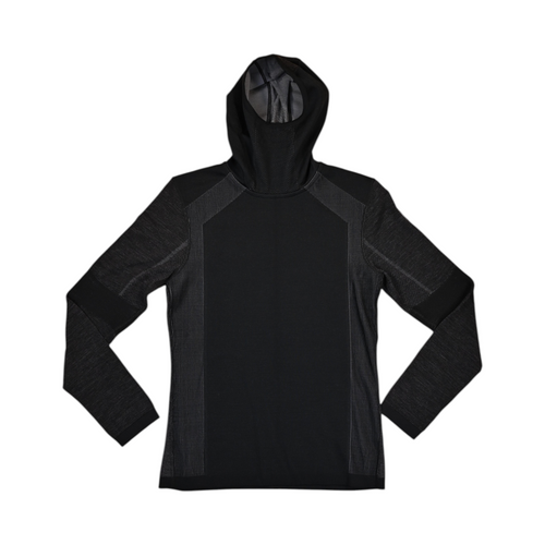 Black hooded baselayer by Smartwool with charcoal heathered sleeve panels, front view with hood up.