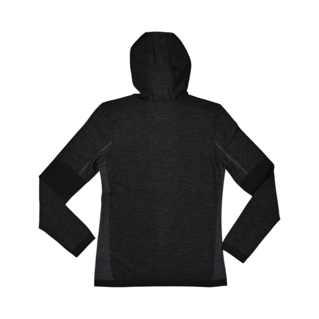 Black hooded baselayer by Smartwool with charcoal heathered sleeve panels, back view.