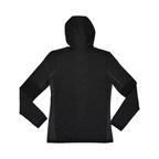 Black hooded baselayer by Smartwool with charcoal heathered sleeve panels, back view.