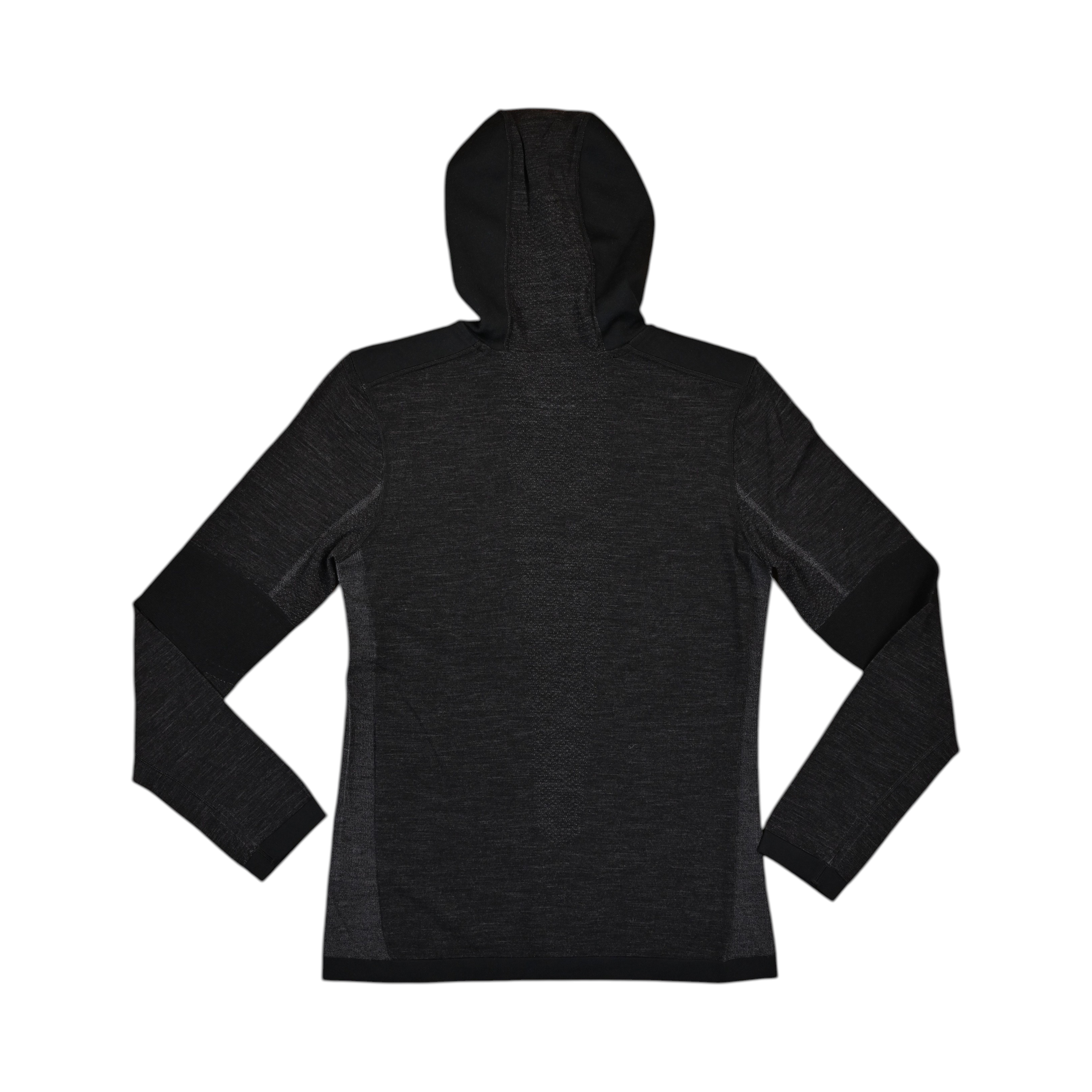 Black hooded baselayer by Smartwool with charcoal heathered sleeve panels, back view.
