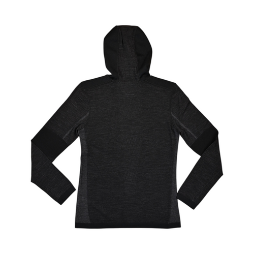 Black hooded baselayer by Smartwool with charcoal heathered sleeve panels, back view.