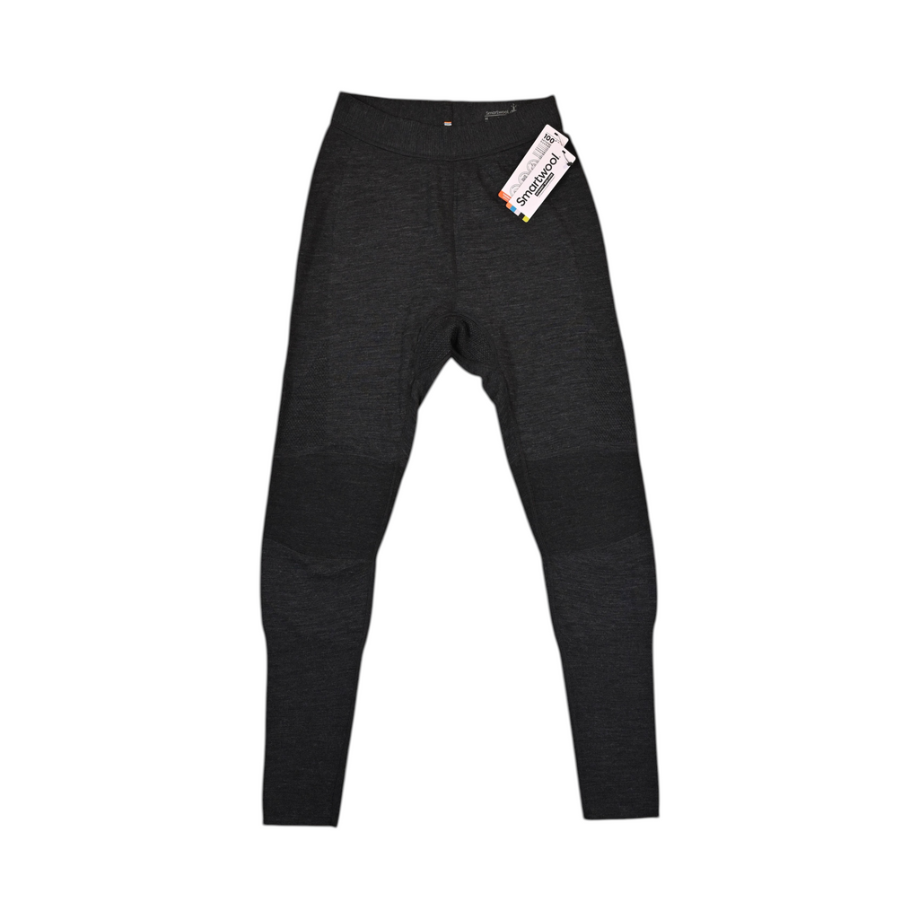 Grey heather baselayer pants by Smartwool with black knee panels, laid flat with hangtag visible.