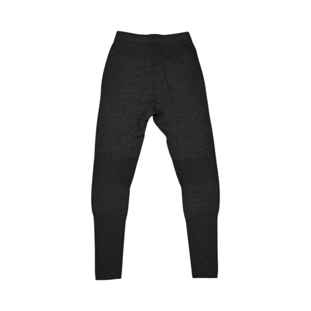 Grey heather baselayer pants by Smartwool with black knee panels, detail view of the waistband.