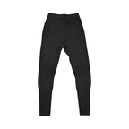 Grey heather baselayer pants by Smartwool with black knee panels, detail view of the waistband.