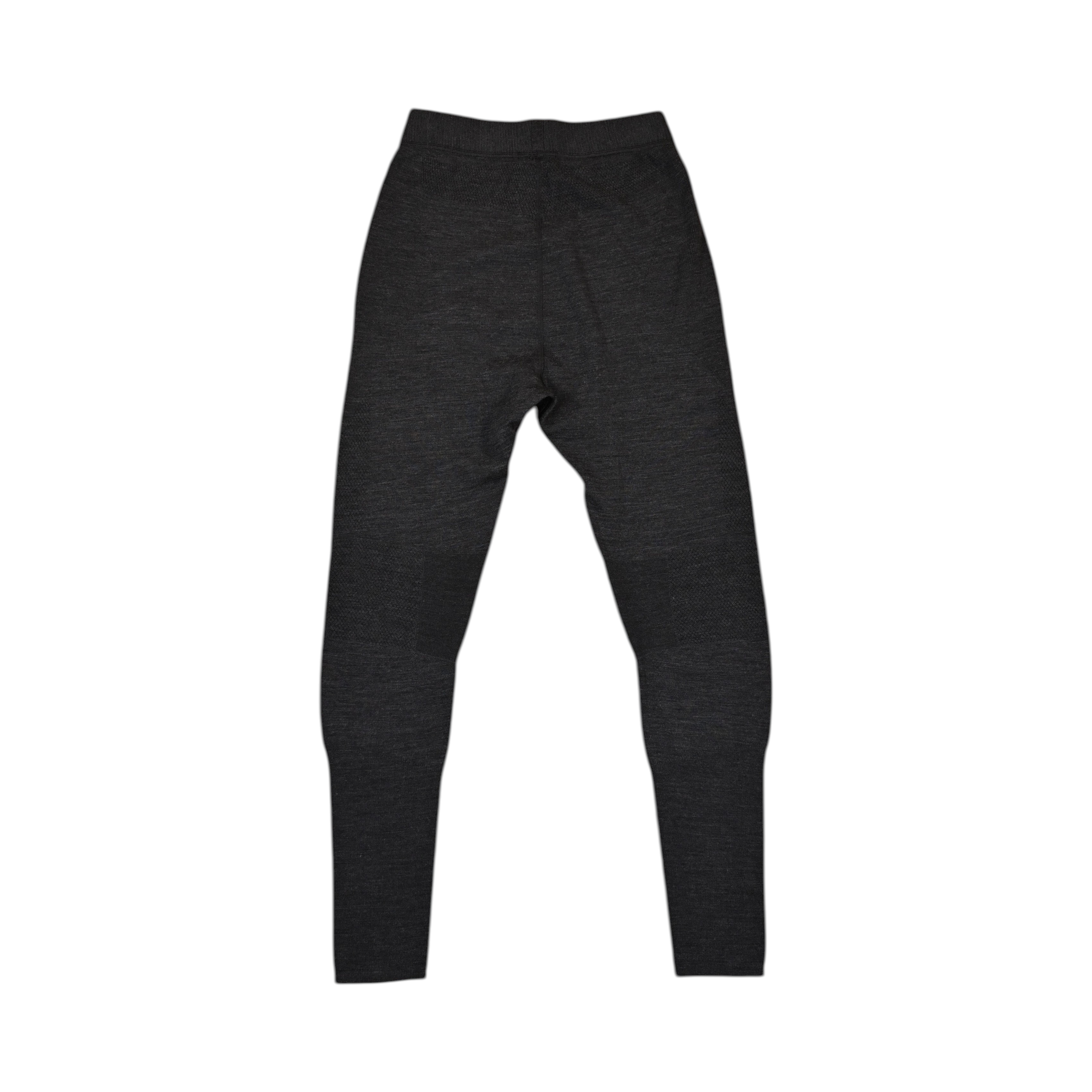 Grey heather baselayer pants by Smartwool with black knee panels, detail view of the waistband.