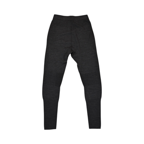 Grey heather baselayer pants by Smartwool with black knee panels, detail view of the waistband.