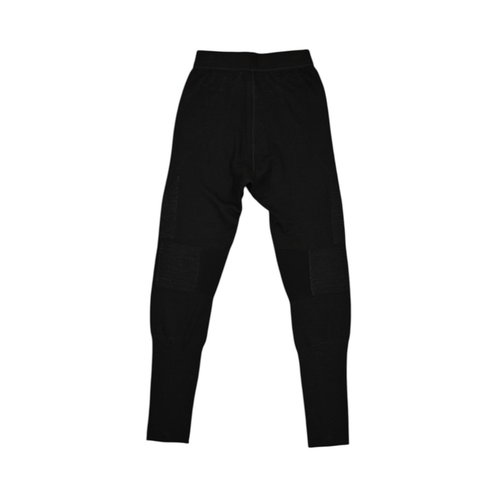 Black baselayer pants by Smartwool, detail view of the mesh knee panel.
