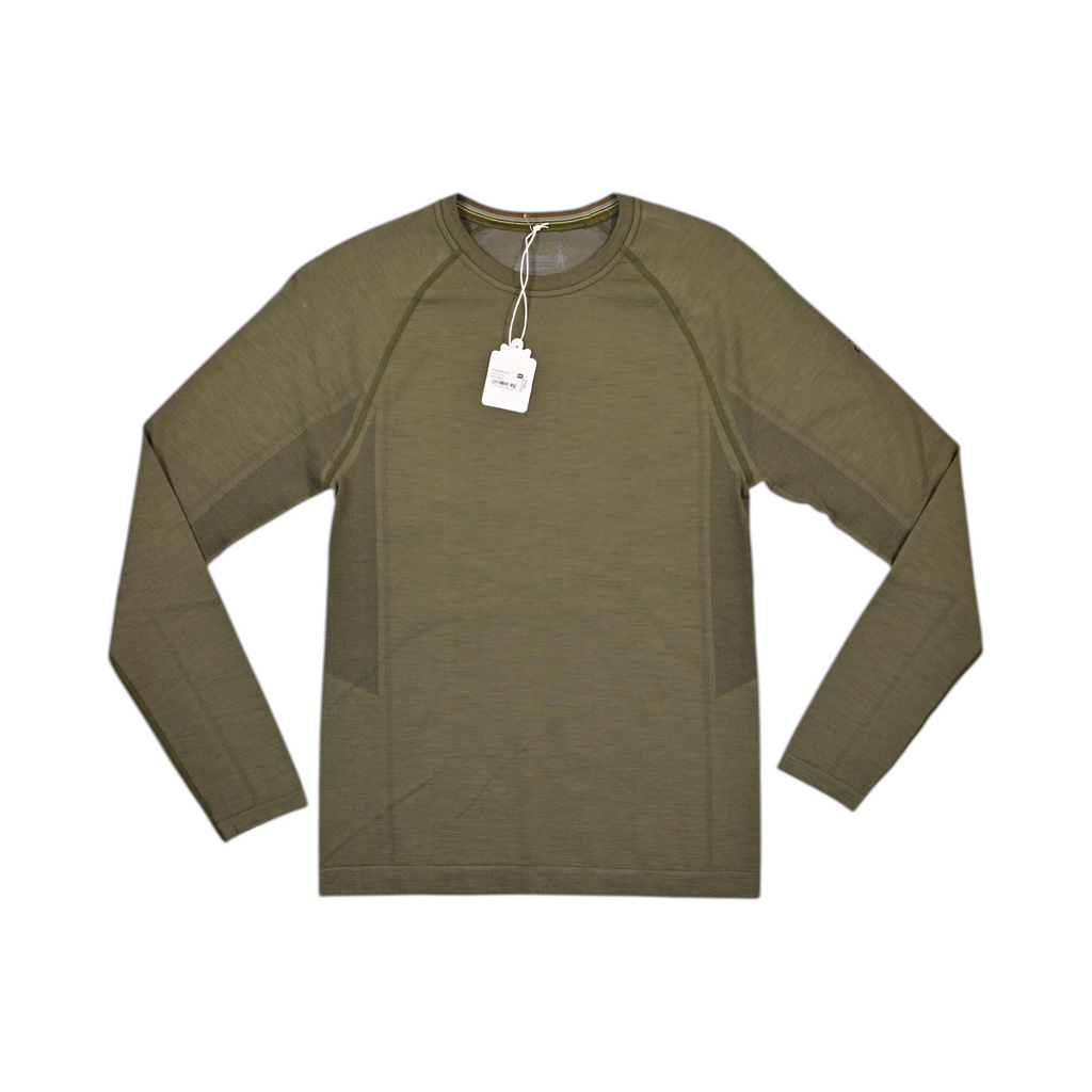 Olive green heather crew neck baselayer by Smartwool, laid flat with hangtag attached.