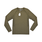 Olive green heather crew neck baselayer by Smartwool, laid flat with hangtag attached.