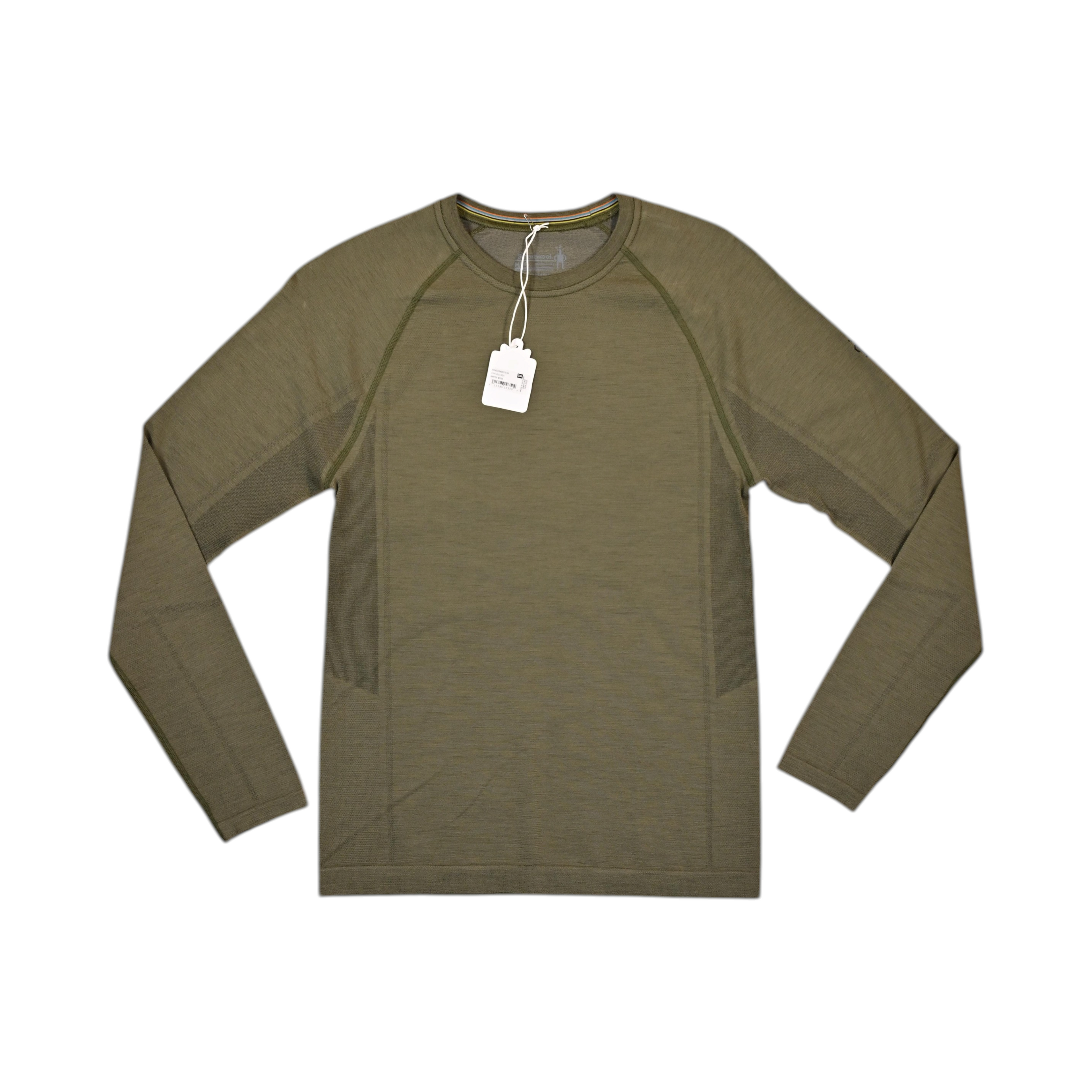 Olive green heather crew neck baselayer by Smartwool, laid flat with hangtag attached.
