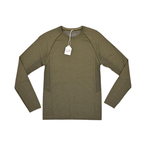 Olive green heather crew neck baselayer by Smartwool, laid flat with hangtag attached.