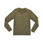 Olive green heather crew neck baselayer by Smartwool, back view.