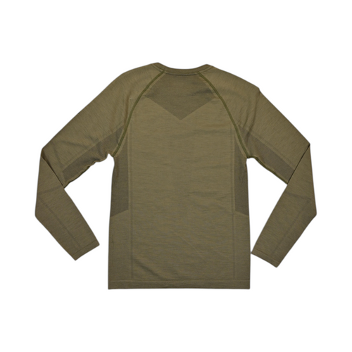 Olive green heather crew neck baselayer by Smartwool, back view.