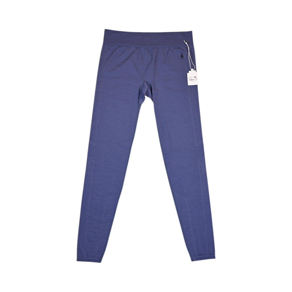 Heathered navy blue baselayer pants by Smartwool, laid flat with hangtag attached.