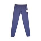 Heathered navy blue baselayer pants by Smartwool, laid flat with hangtag attached.