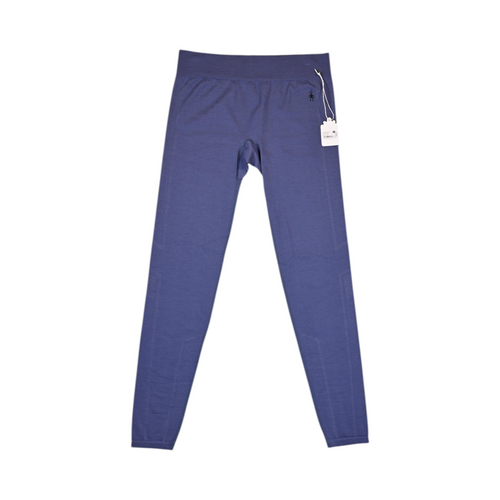 Heathered navy blue baselayer pants by Smartwool, laid flat with hangtag attached.
