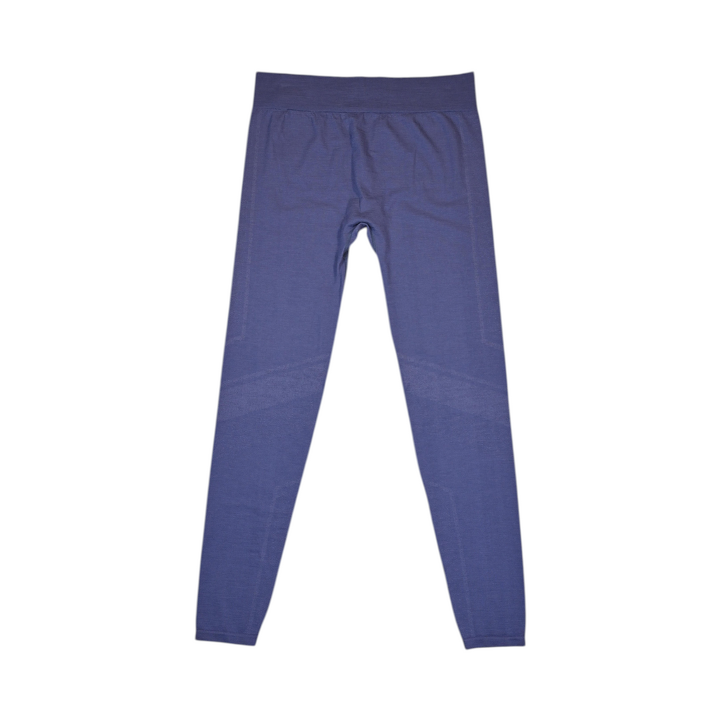 Heathered navy blue baselayer pants by Smartwool, detail view of the waistband and logo.