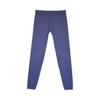 Heathered navy blue baselayer pants by Smartwool, detail view of the waistband and logo.