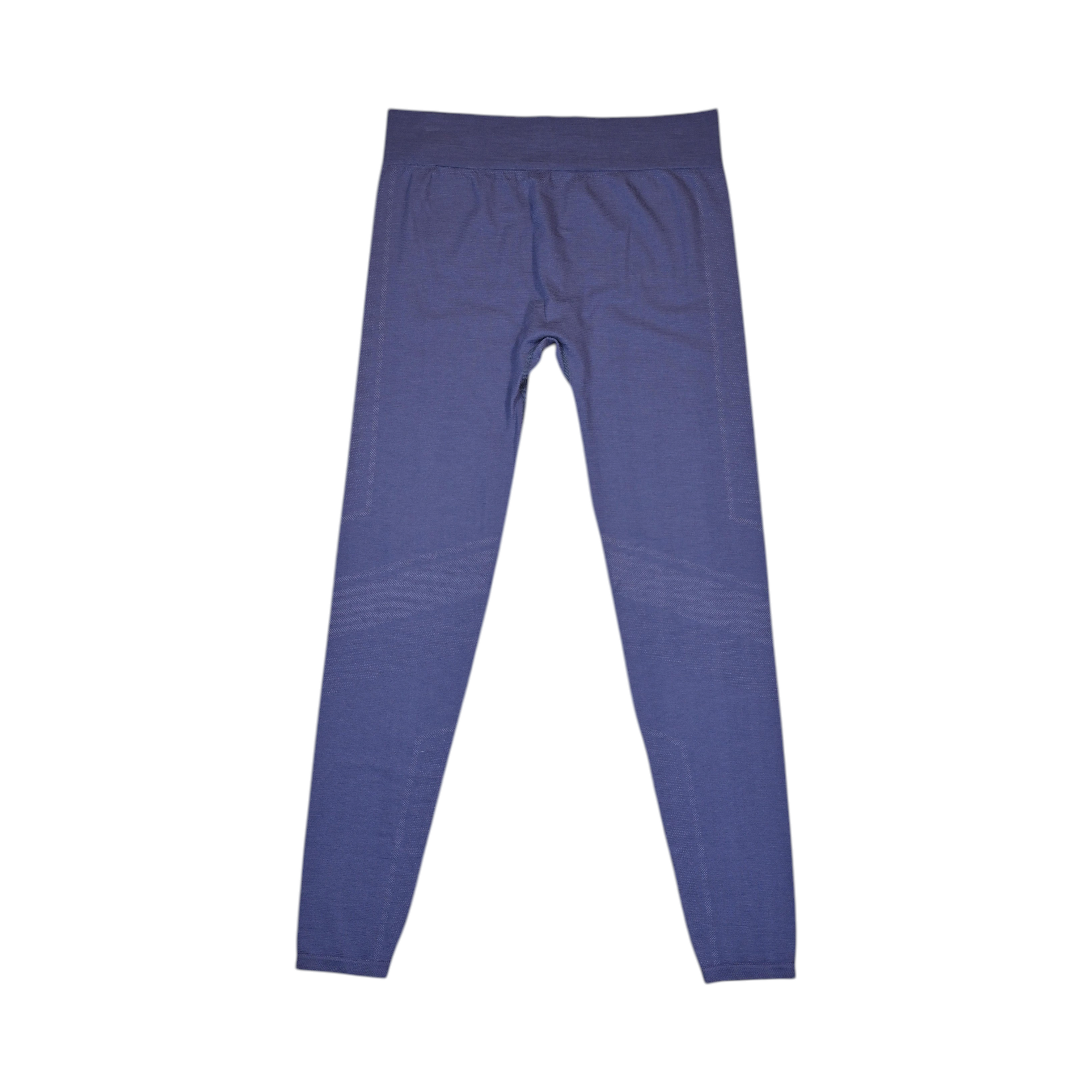 Heathered navy blue baselayer pants by Smartwool, detail view of the waistband and logo.