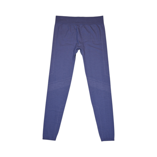 Heathered navy blue baselayer pants by Smartwool, detail view of the waistband and logo.