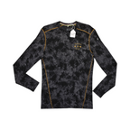 Black tie-dye crew neck baselayer by Smartwool with gold contrast stitching and Arbor Collective branding, laid flat.