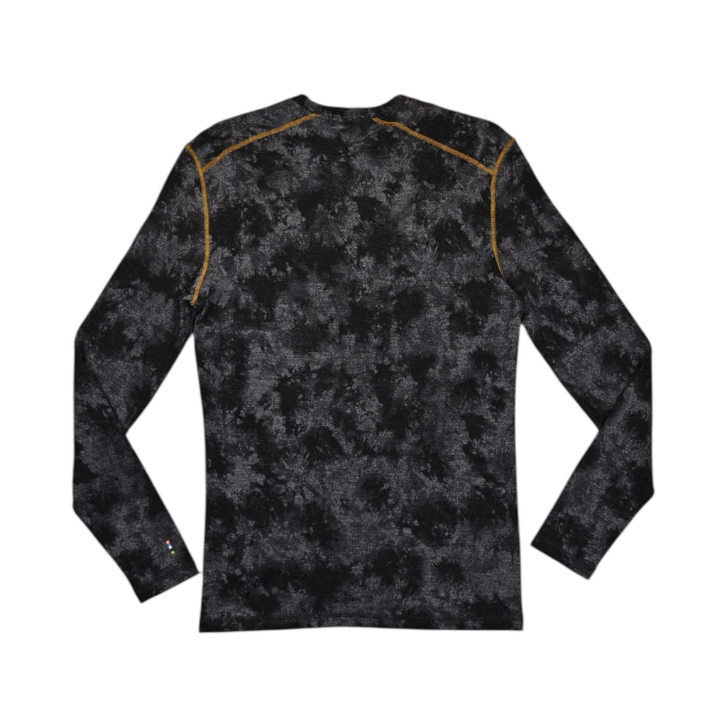 Black tie-dye crew neck baselayer by Smartwool with gold contrast stitching, back view.