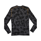 Black tie-dye crew neck baselayer by Smartwool with gold contrast stitching, back view.