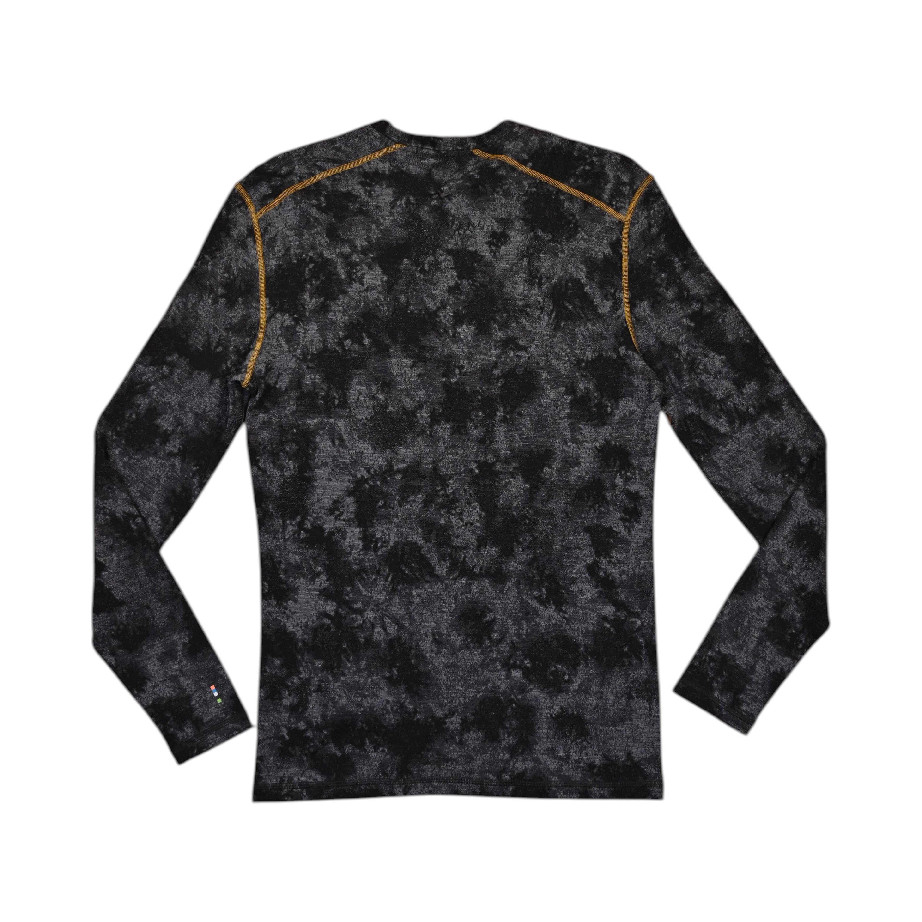 Black tie-dye crew neck baselayer by Smartwool with gold contrast stitching, back view.