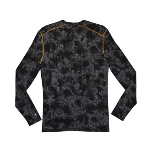 Black tie-dye crew neck baselayer by Smartwool with gold contrast stitching, back view.