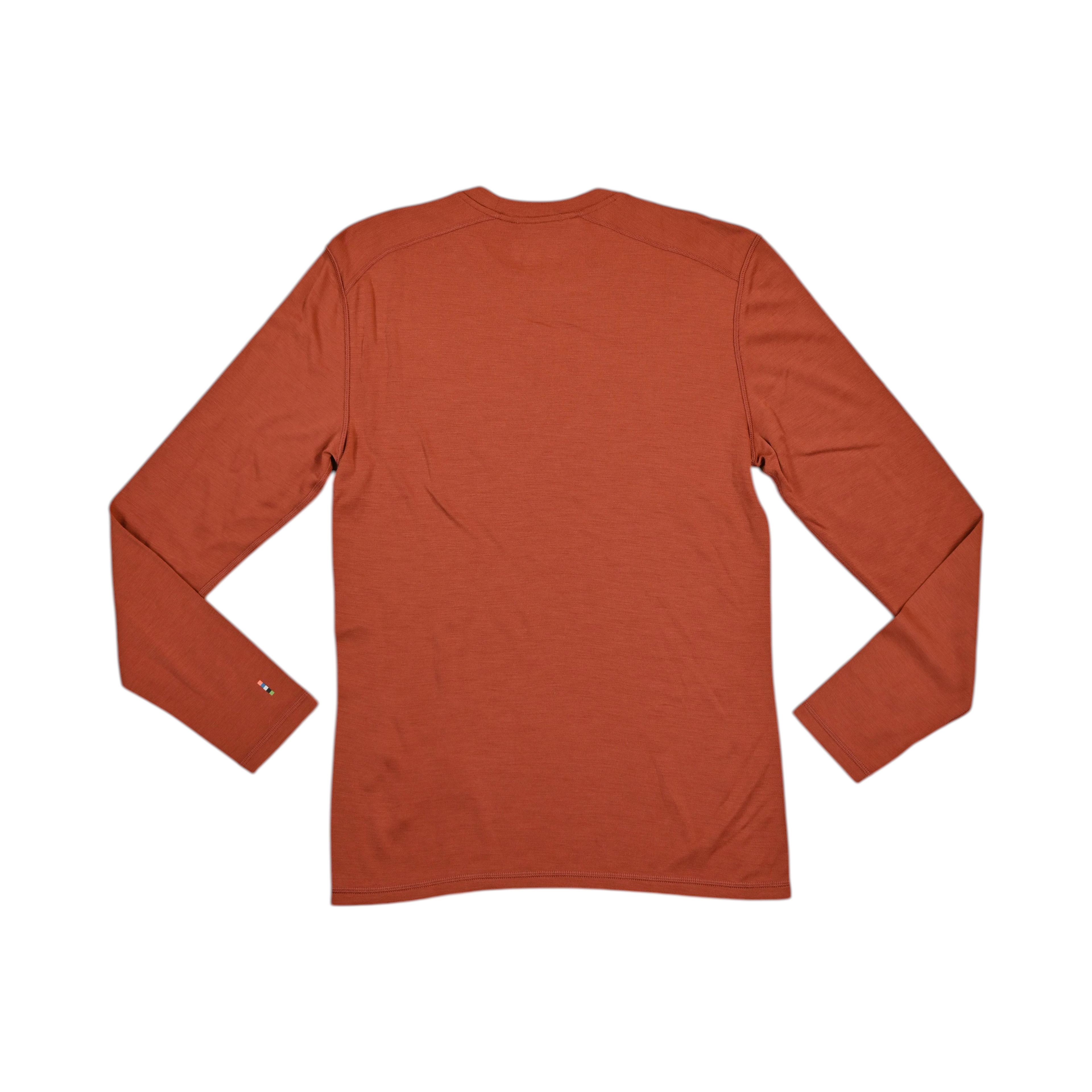 Rust-orange crew neck baselayer by Smartwool, back view.