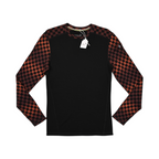 Black crew neck baselayer by Smartwool with rust-and-black checkerboard sleeves, laid flat.