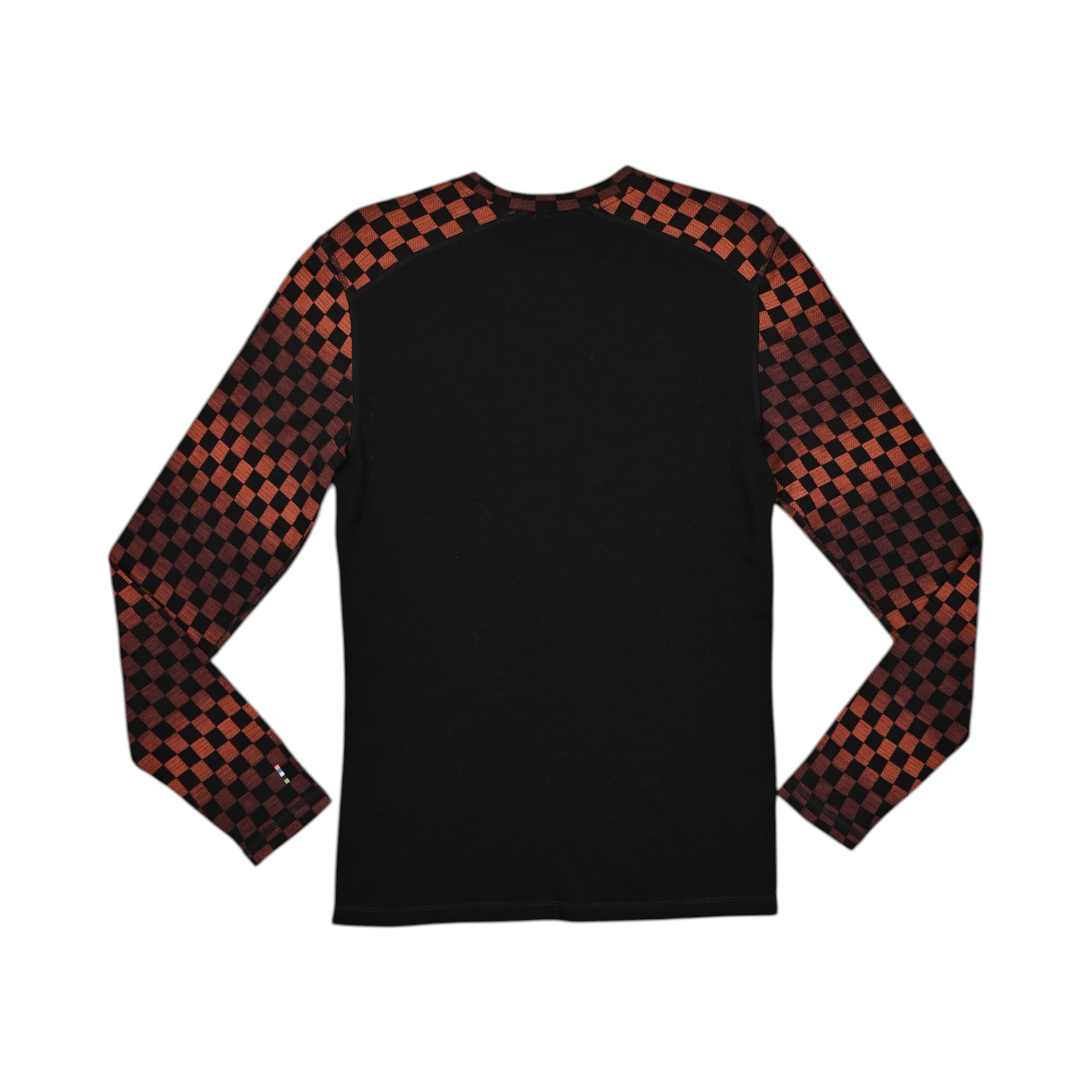 Black crew neck baselayer by Smartwool with rust-and-black checkerboard sleeves, back view.