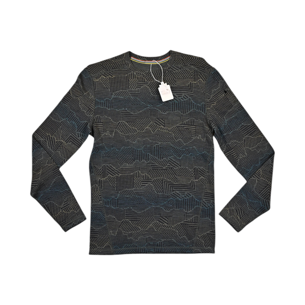 Charcoal crew neck baselayer by Smartwool with a mountain ridgeline linework pattern, laid flat.