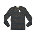 Charcoal crew neck baselayer by Smartwool with a mountain ridgeline linework pattern, laid flat.