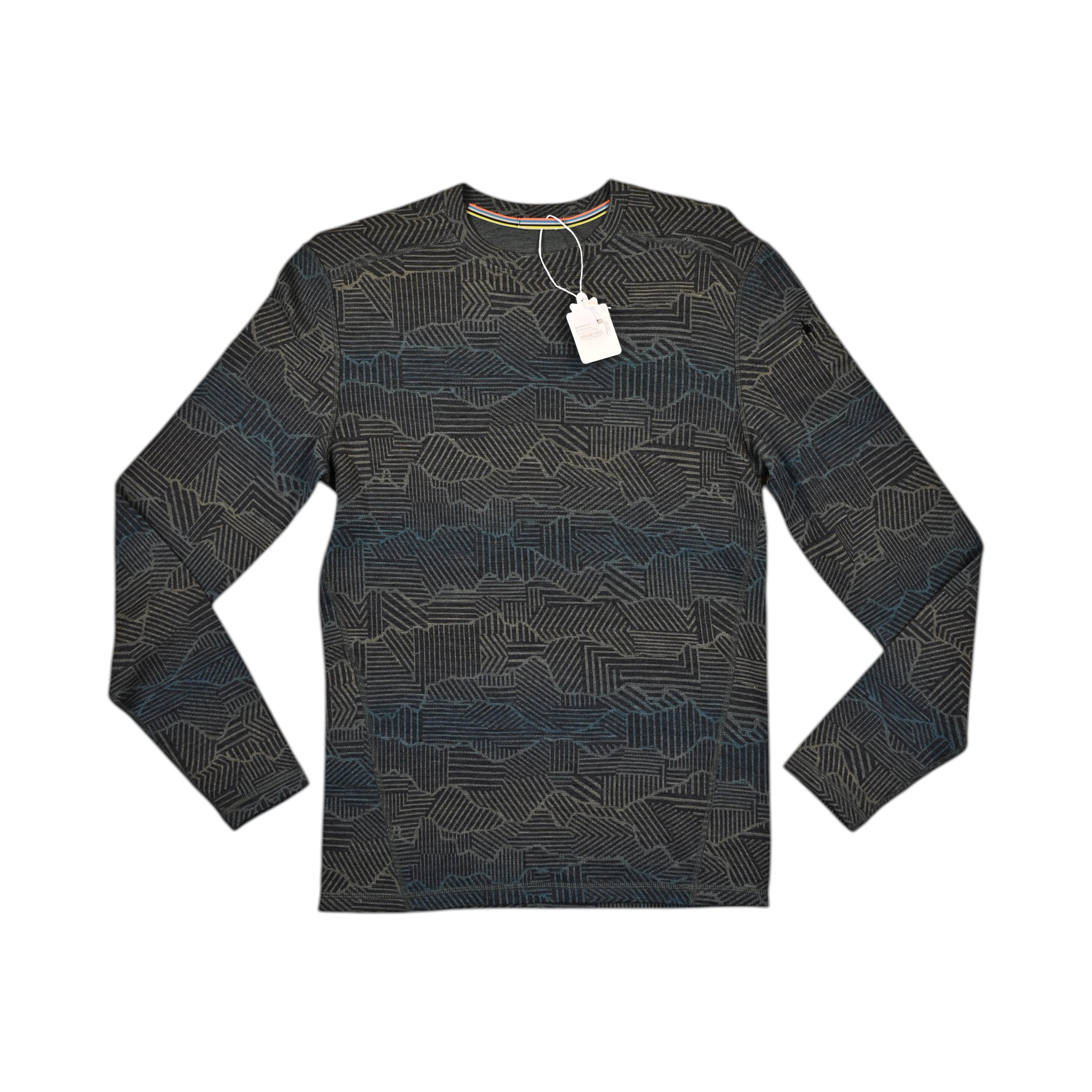 Charcoal crew neck baselayer by Smartwool with a mountain ridgeline linework pattern, laid flat.
