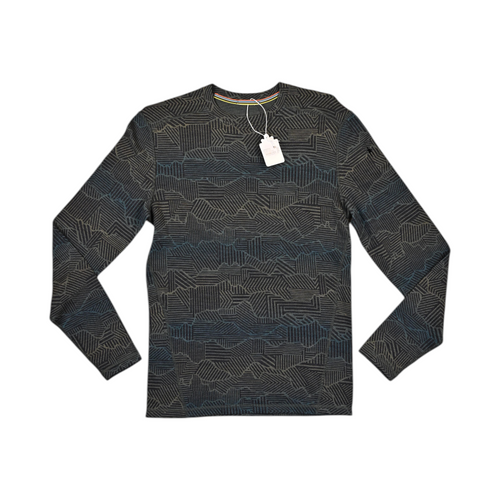 Charcoal crew neck baselayer by Smartwool with a mountain ridgeline linework pattern, laid flat.