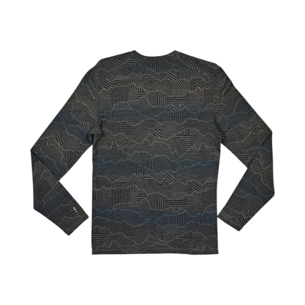 Charcoal crew neck baselayer by Smartwool with a mountain ridgeline linework pattern, back view.
