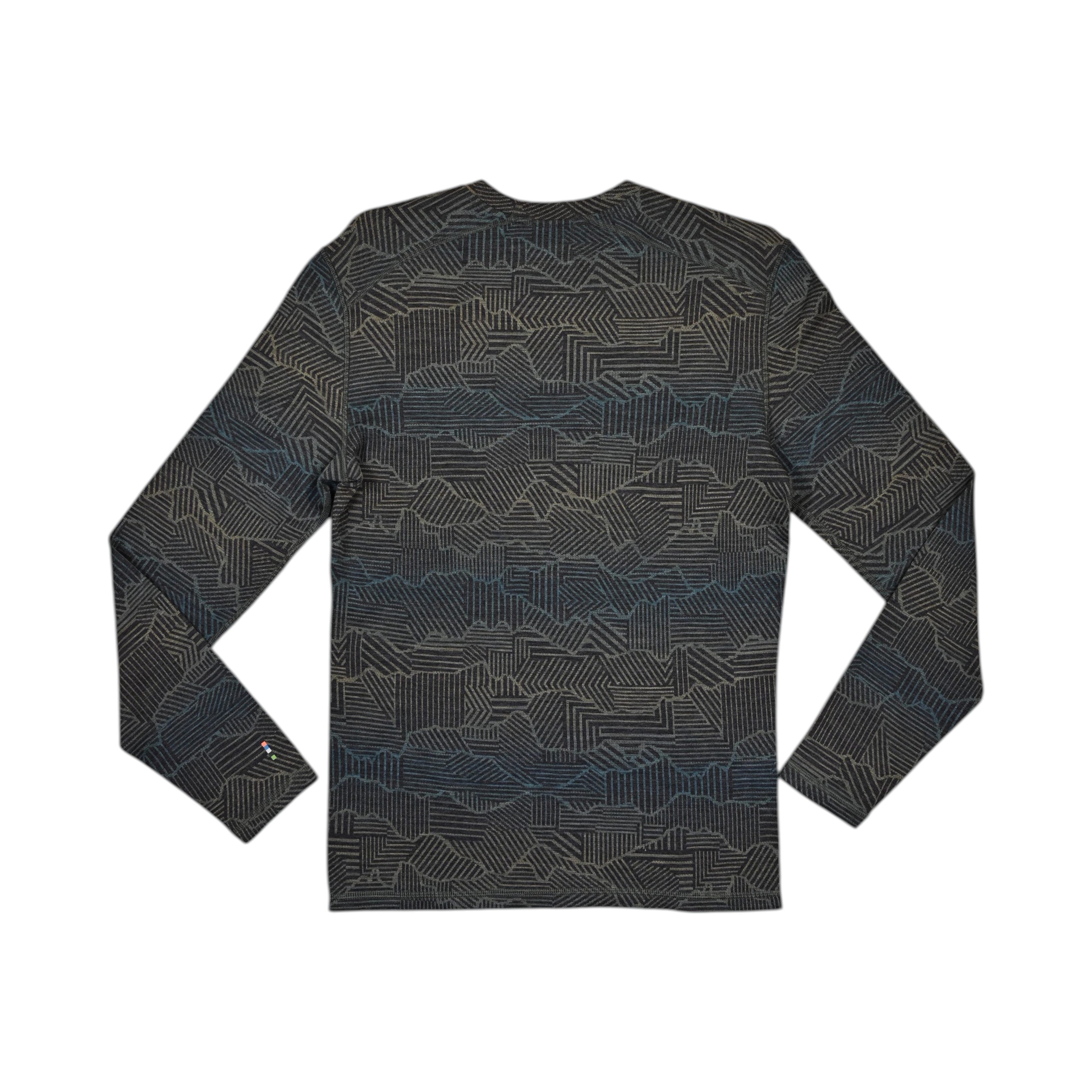 Charcoal crew neck baselayer by Smartwool with a mountain ridgeline linework pattern, back view.