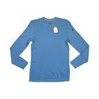 Cornflower blue heather crew neck baselayer by Smartwool, laid flat with hangtag attached.