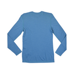 Cornflower blue heather crew neck baselayer by Smartwool, back view.