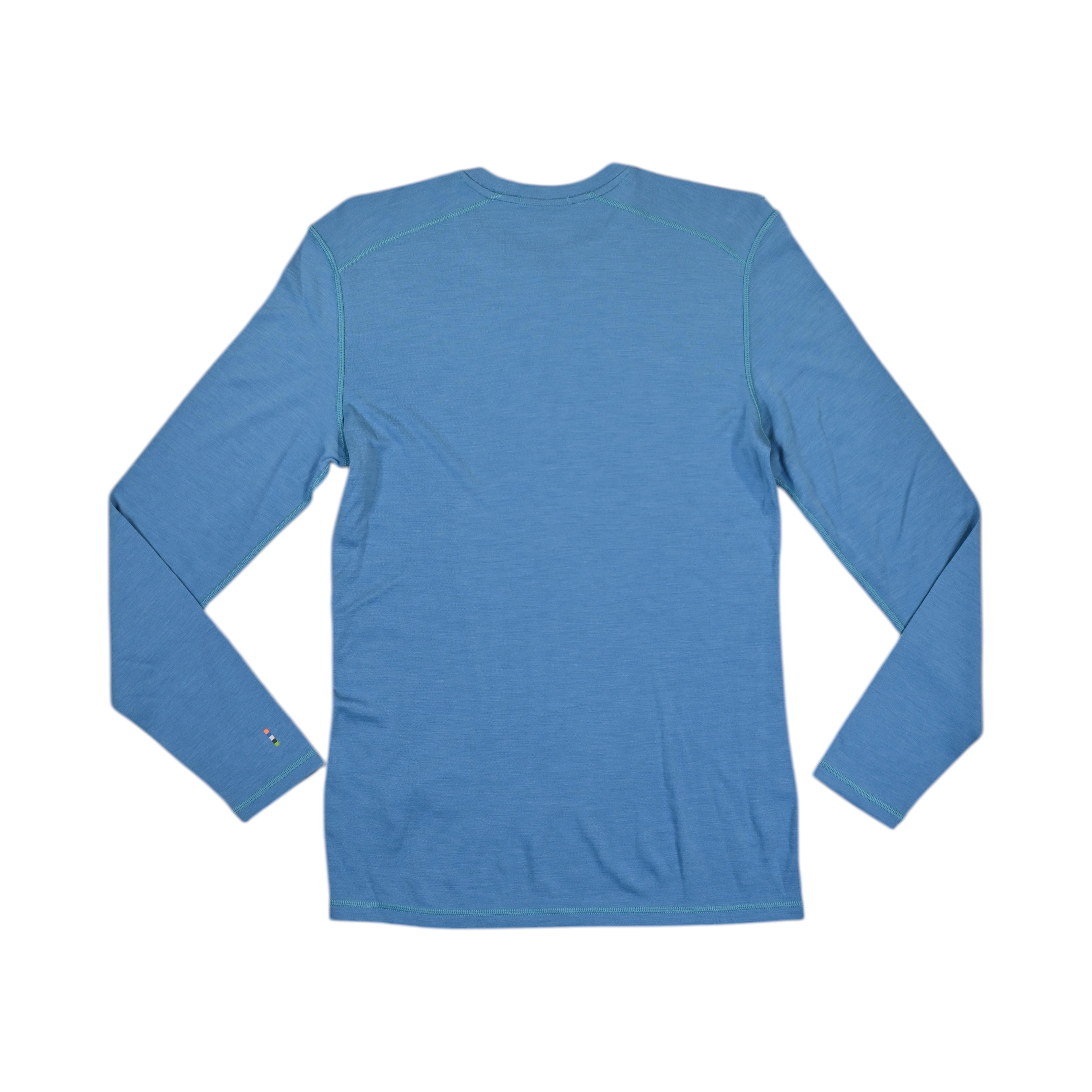 Cornflower blue heather crew neck baselayer by Smartwool, back view.
