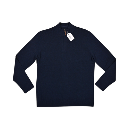Navy blue Smartwool quarter-zip sweater laid flat, showing the zip collar.